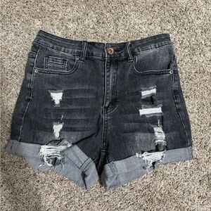Trendy Distressed Dark Denim Shorts